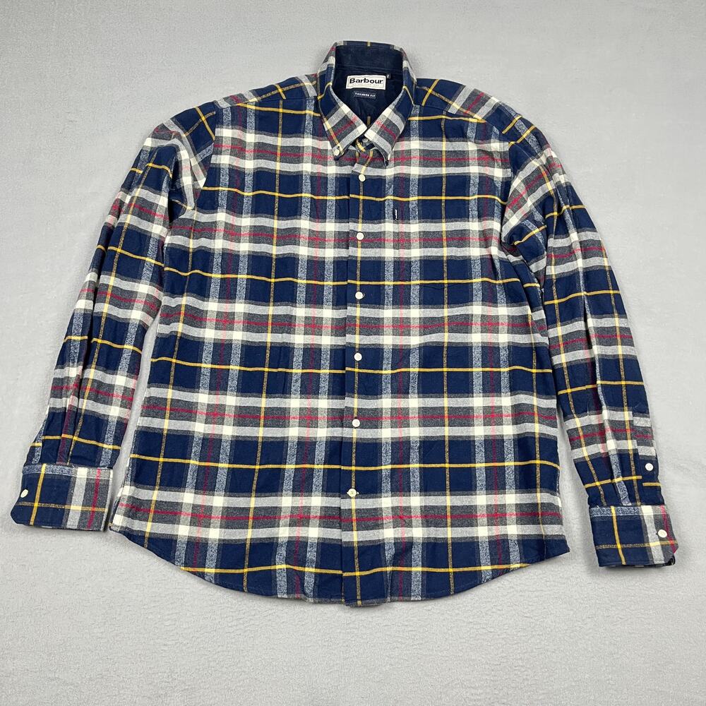 Barbour Castlebay Navy Tartan Plaid Cotton Flannel Button Down Shirt Men's L